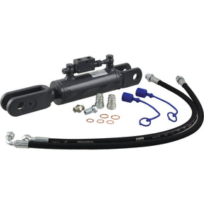 A Sparex Hydraulic Levelling Box, complete with hoses, fittings, washers, and a check valve, is arranged on a white background. This includes features like fork holes with diameters of 25mm and 26mm, a minimum length of 440mm, and a cylinder bore of 63mm (Sparex Part No. S.153736).