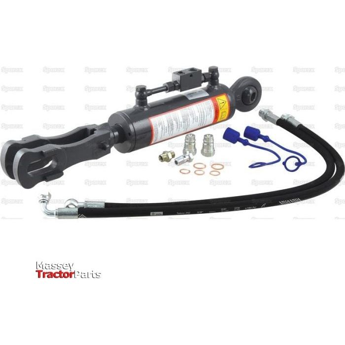 Hydraulic Levelling Box with hoses, ball-angled end (Ø 22mm), fork hole (Ø 29x60mm), and an 80mm cylinder bore, displayed against a white background. Includes Sparex Check Valve and is suitable for Massey Ferguson.