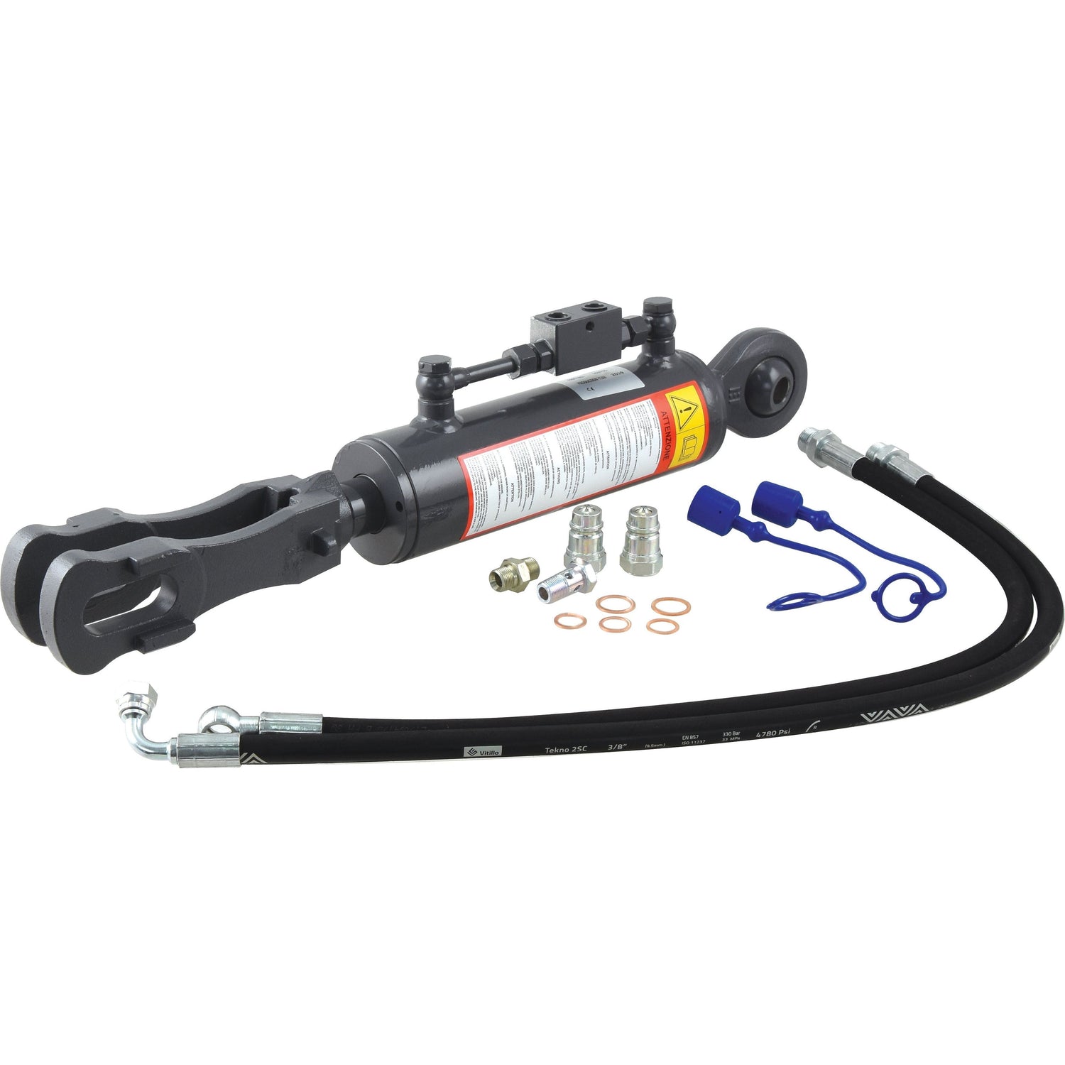 The Hydraulic Levelling Box from Sparex, part number S.153735, comes with a hydraulic cylinder featuring an 80mm bore, hoses, fittings, and protective caps. Suitable for Massey Ferguson tractors, it also incorporates a Sparex check valve for reliable performance.