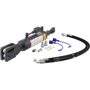 Sparex Hydraulic Levelling Box, featuring a Ball Diameter of 22mm, Fork Holes with diameters of 28mm and 28x90mm, a minimum length of 690mm, and an 80mm Cylinder Bore. Includes connecting hoses and is suitable for Fendt VARIO or similar models. Sparex Part No.S.153740.