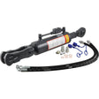 The Sparex Hydraulic Levelling Box (part number S.153739), complete with hoses, is showcased on a white background. This kit, featuring a ball diameter of 28mm, fork hole dimensions of 29x60mm, and a minimum length of 810mm with a cylinder bore of 90mm, is compatible with Massey Ferguson tractors.
