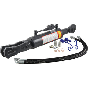 The Sparex Hydraulic Levelling Box (part number S.153739), complete with hoses, is showcased on a white background. This kit, featuring a ball diameter of 28mm, fork hole dimensions of 29x60mm, and a minimum length of 810mm with a cylinder bore of 90mm, is compatible with Massey Ferguson tractors.