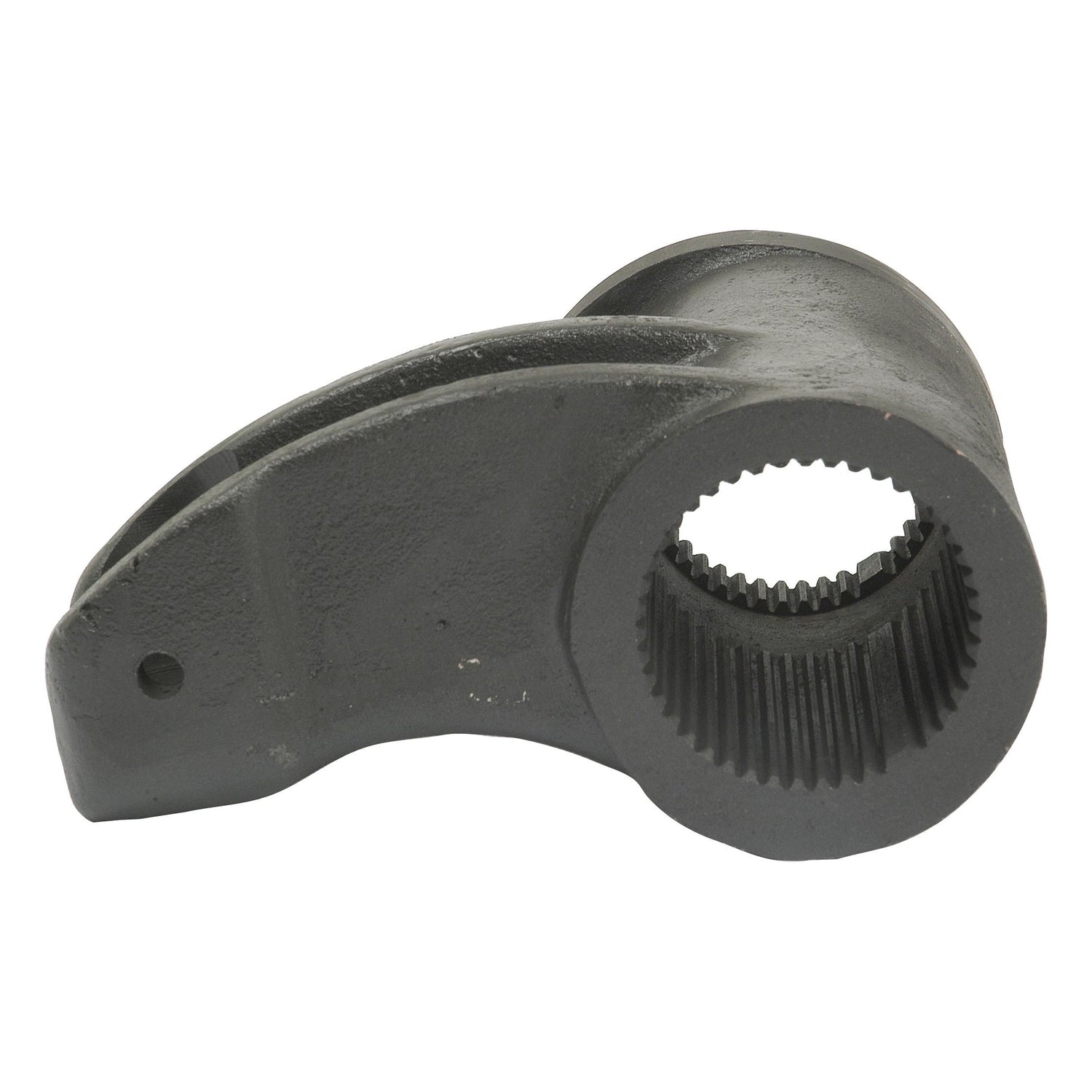 Image of a Hydraulic Lift Arm (Sparex Part No. S.41446), a black metal machinery part with a semi-circular shape and ribbed gear-like structure at one end, suitable for Massey Ferguson tractor parts from Sparex.