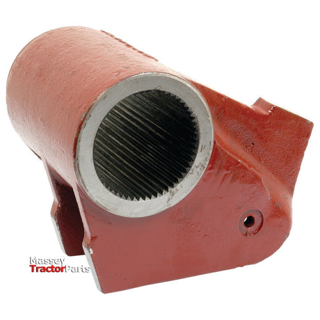 Red hydraulic lift arm made of cast iron, with a hollow cylindrical shape and a grooved inner surface, labeled "Massey Tractor Parts" by Sparex.