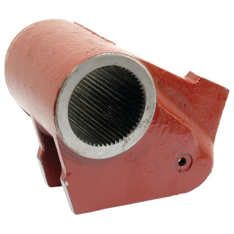 A red metal mechanical part with a cylindrical opening featuring internal ridges, attached to an angular base with a bolt hole, aligns with the specifications of the Hydraulic Lift Arm | Sparex Part No. S.67289 by Sparex.