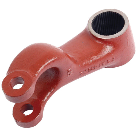 Close-up of a red metal machinery part, a Hydraulic Lift Arm from Sparex (Part No. S.66208), with two circular holes on one end and a cylindrical opening on the other end.