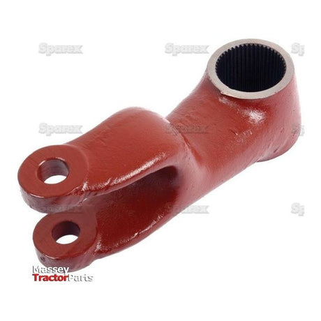 A red, metal Hydraulic Lift Arm (Sparex Part No. S.66210) with two circular holes on one end and a cylindrical opening on the other end. The background is plain white, and the part is labeled "Massey Tractor Parts by Sparex.