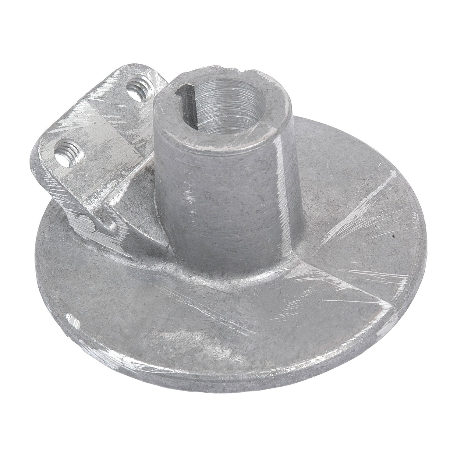 The Sparex Hydraulic Lift Control Plate (Sparex Part No. S.66515) features a metal cam lock housing with a cylindrical protrusion and two mounting holes on its flat, round base, making it ideal for use in Ford / New Holland machinery.