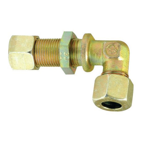 The Sparex Hydraulic Metal Pipe Angled Bulkhead Coupling G.S.V. 10L 90 with lock nut, made of brass or a similar metal, features a hexagonal bolt with a right-angle elbow fitting and includes a hexagonal nut at each end.