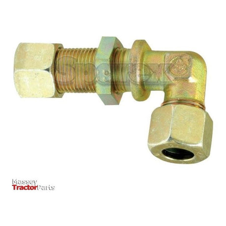 The gold-toned hydraulic metal pipe angled bulkhead coupling G.S.V. 15L 90 with a lock nut (Sparex Part No. S.34214) features a male thread on one end and a female fitting on the other, designed for machinery fluid connections. This Sparex product is displayed against a white background.

