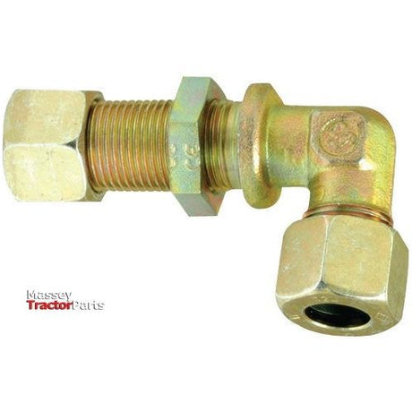 The Sparex Hydraulic Metal Pipe Angled Bulkhead Coupling G.S.V. 18L 90 with lock nut (Sparex Part No.S.34215) is an elbow-shaped fitting designed for connecting tubes or hoses at a 90-degree angle, featuring hexagonal nuts at both ends and a bulkhead elbow configuration.