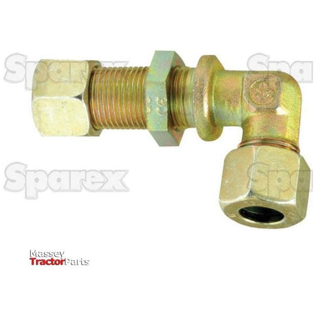 A metallic hydraulic fitting with threaded connectors and a right-angle bend, identified as Hydraulic Metal Pipe Angled Bulkhead Coupling G.S.V. 8L 90 with lock nut (Sparex Part No. S.34211), is displayed against a white background with logos from PARKER HANNIFIN, Massey Tractor Parts, and Sparex.