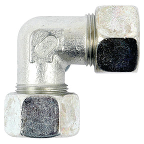 The Sparex Hydraulic Metal Pipe Angled Coupling W.V. 10L 90compact (Sparex Part No.S.34072) is a metal elbow pipe fitting with a 90-degree angle and two hexagonal screw ends, featuring an equal 90° coupling design and a pipe O.D. of 10mm for secure compression fitting.