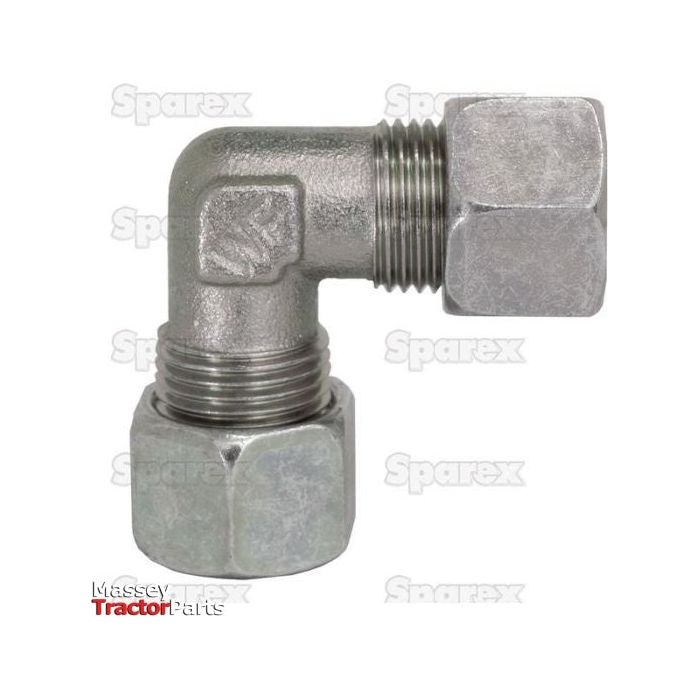 The Hydraulic Metal Pipe Angled Coupling W.V. 10S 90compact, Sparex Part No. S.34077, is an equal elbow fitting with two threaded ends and hexagonal nut caps, typically used for connecting pipes. Marked with "Sparex" and known for compatibility with PARKER HANNIFIN specifications, it is also labeled as "Massey Tractor Parts.