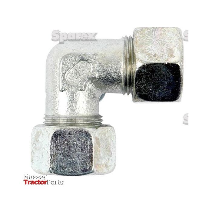 A hydraulic metal pipe angled coupling with a 90-degree compact design and 12L size, featuring a hexagonal nut on each end, used for connecting 12mm pipes in machinery. The image background showcases the Sparex logo and "Massey Tractor Parts" text. This product is known as the Hydraulic Metal Pipe Angled Coupling W.V. 12L 90compact, Sparex Part No.S.34073 by Sparex.