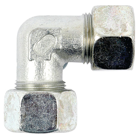 Close-up image of a Sparex Hydraulic Metal Pipe Angled Coupling W.V. 12L 90compact (Sparex Part No. S.34073) with threaded ends and hexagonal bolt connections, showcasing a precision-engineered equal 90° coupling.
