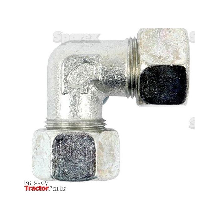 A Hydraulic Metal Pipe Angled Coupling W.V. 15L 90compact from Sparex (Part No. S.34074), featuring hexagonal nuts at both ends and designed for a 15mm pipe outer diameter for an equal 90° coupling, with the words "Massey TractorParts" and "Sparex" visible in the background.