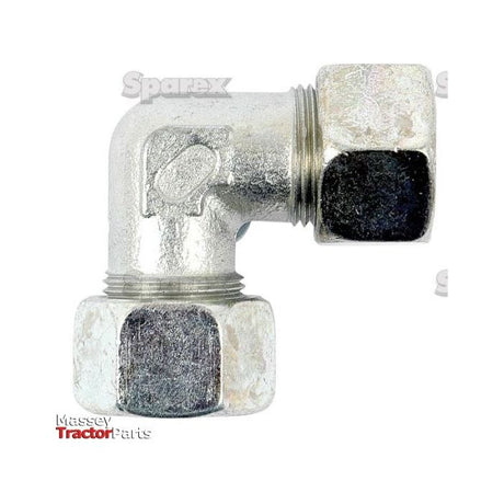 A hydraulic metal pipe angled coupling with threaded ends and large hex nuts, marked "Massey Tractor Parts" and "Sparex," designed for 6mm pipes. Item name: Hydraulic Metal Pipe Angled Coupling W.V. 6L 90compact | Sparex Part No. S.34070 from the brand Sparex.