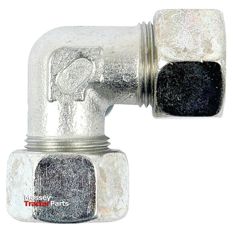A hydraulic metal pipe angled coupling with threaded connections, hexagonal ends, and a 90° bend, commonly used in plumbing or machinery. The words "Massey Tractor Parts" are visible on the lower end. It is the Sparex Part No.S.34071 from the brand Sparex, known as the Hydraulic Metal Pipe Angled Coupling W.V. 8L 90compact.