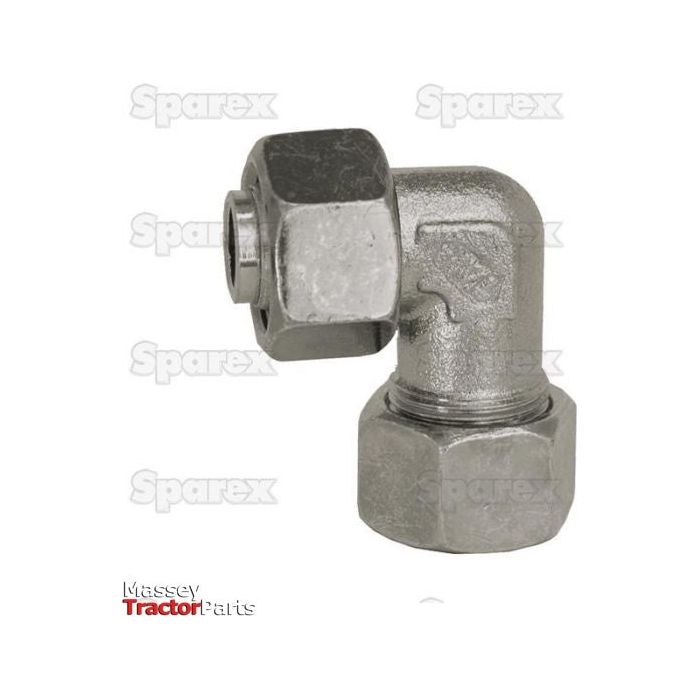 The Hydraulic Metal Pipe Angled Stud Coupling E.W.V. 25S 90 compact standpipe (Sparex Part No. S.34352) featuring hexagonal ends is displayed against a plain white background with "Sparex" and "Massey Tractor Parts" logos superimposed, ensuring a secure connection for your hydraulic system.