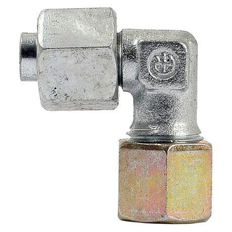 A close-up shot of a Sparex Hydraulic Metal Pipe Angled Stud Coupling E.W.V. 10L 90 Compact Standpipe (Sparex Part No. S.34172), featuring a hexagonal metallic design with a combination of silver and copper tones, designed for a pipe outer diameter of 10mm.
