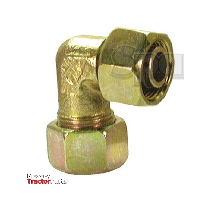 Hydraulic Metal Pipe Angled Stud Coupling E.W.V. 12L 90 compact standpipe with two threaded ends, shown against a white background. Text reads "Massey Tractor Parts." Ideal for connecting pipes with a 12mm O/D. Sparex Part No.S.34173 by Sparex.