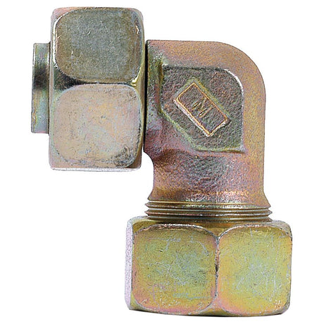 A Hydraulic Metal Pipe Angled Stud Coupling E.W.V. 18L 90 compact standpipe from Sparex (Sparex Part No.S.34175) with large hexagonal nuts on each end is shown against a white background, reminiscent of a PARKER HANNIFIN compression fitting.
