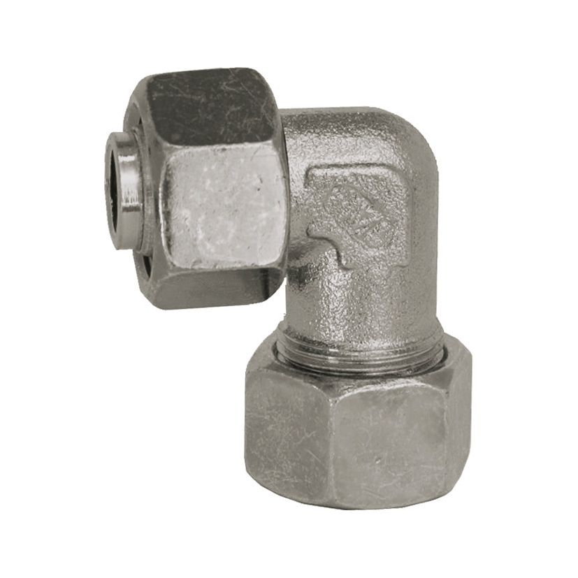 A metallic right-angle pipe fitting with hexagonal connectors and a smooth surface, compatible with Hydraulic Metal Pipe Angled Stud Coupling E.W.V. 6L 90 compact standpipe by Sparex (Sparex Part No.S.34170).