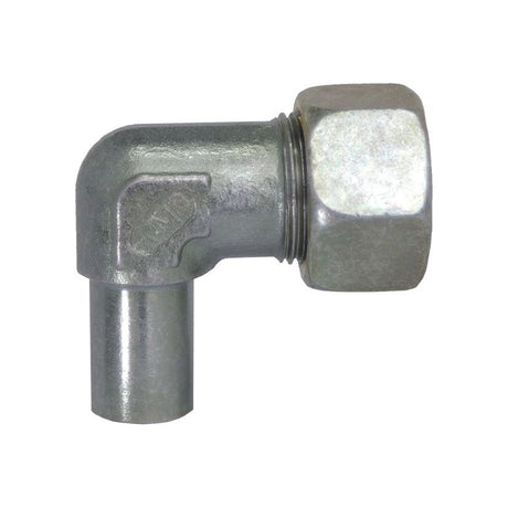 A Hydraulic Metal Pipe Angled Stud Coupling E.W.V. 6L 90 compact standpipe with threading on both ends and a hexagonal nut, resembling Sparex Part No.S.34220 from the brand Sparex.