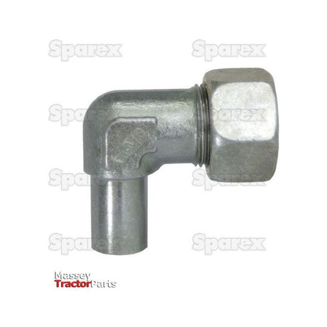 A Hydraulic Metal Pipe Angled Stud Coupling E.W.V. 6L 90 compact standpipe from Sparex features an L-shaped design with a threaded nut. The background showcases repeated "Spares" text and includes the "Massey Tractor Parts" logo at the bottom left, emphasizing its brand presence. This perfectly designed hydraulic metal pipe fitting ensures durability for any setup.