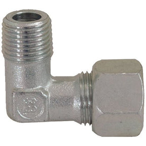 An L-shaped metal pipe fitting with threaded ends, featuring male threads on one end and a hexagonal nut with female threads on the other. This Hydraulic Metal Pipe Angled Stud Coupling G.E.V. 10SL - M16 x 1.5 90 compact from Sparex (Sparex Part No.S.34087) ensures reliable connections in your systems.