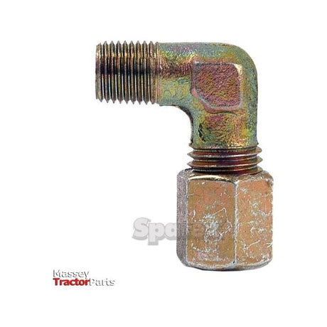 A close-up of a Hydraulic Metal Pipe Angled Stud Coupling G.E.V. 12L - M16 x 1.5 90 compact, featuring threaded ends, set against a white background. The "Massey Tractor Parts" logo is partially visible in the bottom-left corner, hinting at quality Sparex components (Part No.S.34083).