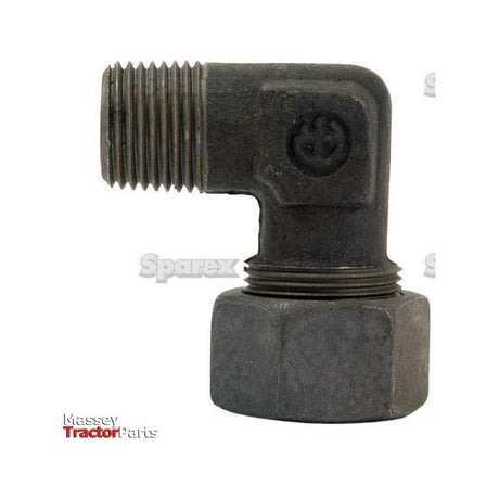 A Hydraulic Metal Pipe Angled Stud Coupling G.E.V. 8L - 1/4''BSP 90 compact, better known as a Male Stud Elbow, from Sparex (Part No.S.34091) with threaded ends. The image also features logos for Massey Tractor Parts and PARKER HANNIFIN components.