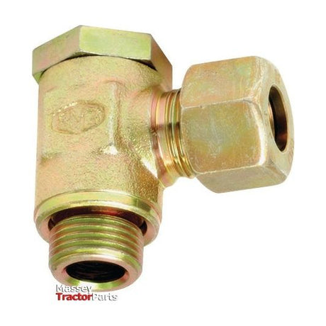 A brass elbow fitting with threaded connections, featuring a branding mark on the hexagonal section. The image includes the text "Sparex" and highlights it as a Hydraulic Metal Pipe Banjo Coupling S.W.V. 6L with bolt | Sparex Part No.S.34250.