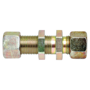A hydraulic metal bolt with nuts and washers threaded onto it, complemented by a Sparex Hydraulic Metal Pipe Bulkhead Coupling G.S.V. 18L with lock nut (Part No. S.34205).
