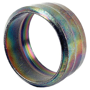 Introducing the Hydraulic Metal Pipe Cutting Ring 12L, by Sparex (Part No. S.34033): A metallic, cylindrical ring with an iridescent finish, featuring a smooth inner surface and a slightly grooved outer surface that epitomizes precision craftsmanship.