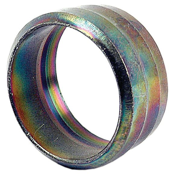 A metallic ring with a smooth, rainbow-colored surface reflecting light, reminiscent of the sleek Sparex Hydraulic Metal Pipe Cutting Ring 8L (Part No. S.34031) used in precision compression fittings.