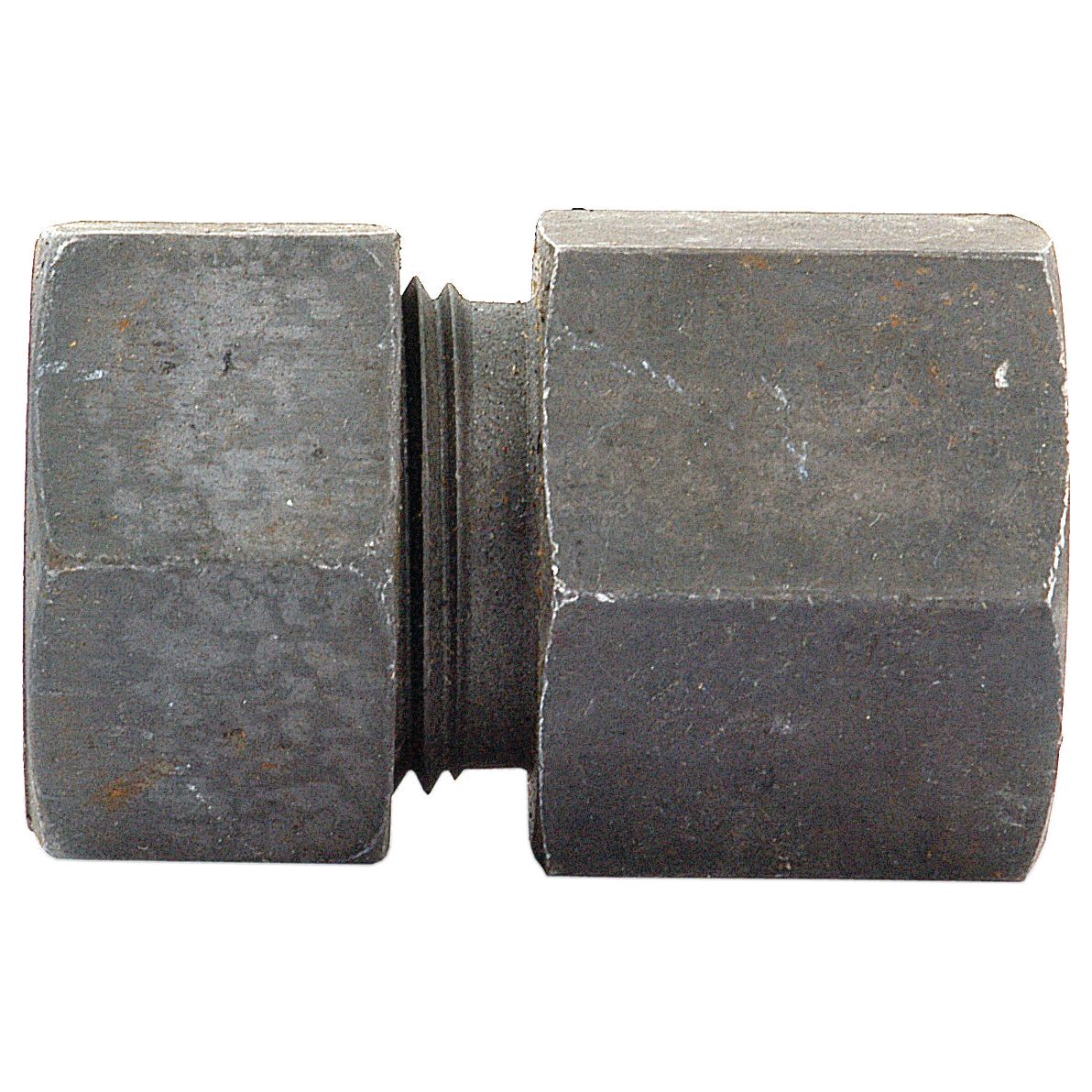 A close-up view of a Hydraulic Metal Pipe Female Stud Coupling G.A.V. 22L - 3/4''BSP, Sparex Part No.S.34156, reveals its hexagonal ends and threaded center. This Sparex fitting shows signs of wear with some rust spots visible.