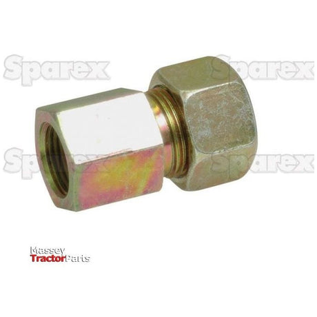 A close-up of a metallic Hydraulic Metal Pipe Female Stud Coupling G.A.V. 6L - M10 x 1.0 with hexagonal ends and a slight iridescent finish. The background features faint, repeating "Sparex" text, and the "Massey Tractor Parts" logo is visible. This fitting appears to be part of a female stud coupling or cutting ring assembly, known as Sparex Part No.S.34140.
