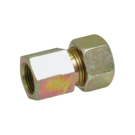 A brass compression fitting featuring a hexagonal nut on one end and a hexagonal body on the other, designed as the Hydraulic Metal Pipe Female Stud Coupling G.A.V. 6L - M10 x 1.0, Sparex Part No. S.34140 by Sparex.