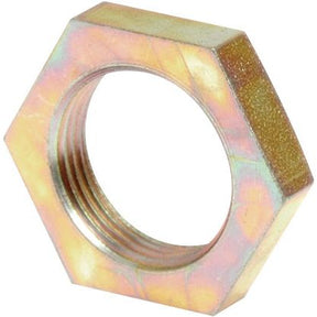 Close-up of a Sparex Hydraulic Metal Pipe Lock Nut (Sparex Part No.S.34023) with an iridescent surface finish. This M18x1.50 Metric Fine nut features internal threading, showcasing its precision design.