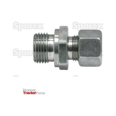 Close-up of a metallic hydraulic metal pipe male stud coupling with BSP Thread, labeled "Massey Tractor Parts" and "Sparex" in the background. The part is identified as Sparex Part No.S.34066, named G.E.V. 15L - 1/2''BSP.