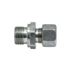 A close-up of a metallic hexagonal pipe fitting with threaded ends, likely a Hydraulic Metal Pipe Male Stud Coupling G.E.V. 18L - 1/2'' BSP | Sparex Part No. S.34067 used for connecting pipes.