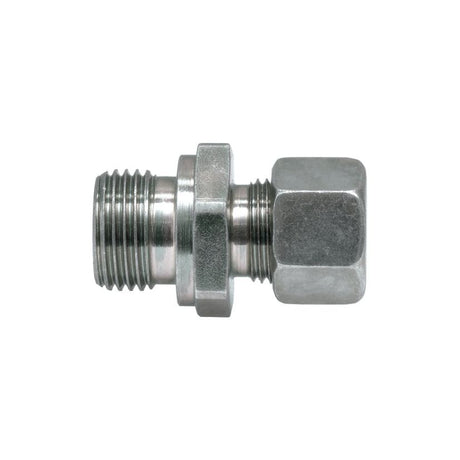 The Sparex Hydraulic Metal Pipe Male Stud Coupling G.E.V. 8L - 1/4'' BSP (Part No. S.34061) is a metal pipe fitting with a threaded male end on the left and a hexagonal nut on the right, featuring a 1/4'' BSP compression fitting.