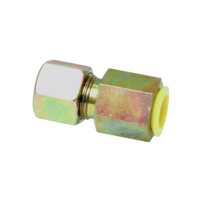 The Sparex Hydraulic Metal Pipe Manometer Stud Coupling M.A.V. 10L - 1/4''BSP (Sparex Part No. S.34132) features a hexagonal nut and a yellow plastic insert, ensuring secure connections.