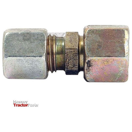 Close-up of a brass and steel hydraulic coupling connector with hexagonal ends on a white background. Logo on the bottom left corner reads "Massey Tractor Parts." Featured alongside the Hydraulic Metal Pipe Step Adaptor 12L - 10L | Sparex Part No.S.34278 for enhanced versatility in your machinery.
