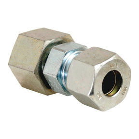 The Hydraulic Metal Pipe Step Adaptor 15L - 10L from Sparex, identified by Part No. S.34279, features hexagonal nuts on both ends, making it ideal for securely connecting two sections of pipe or tubing.