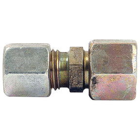 Close-up of a metallic pipe fitting with hexagonal nuts on either end, showcasing a Hydraulic Metal Pipe Step Adaptor 22L - 12L from Sparex (Sparex Part No.S.34284).