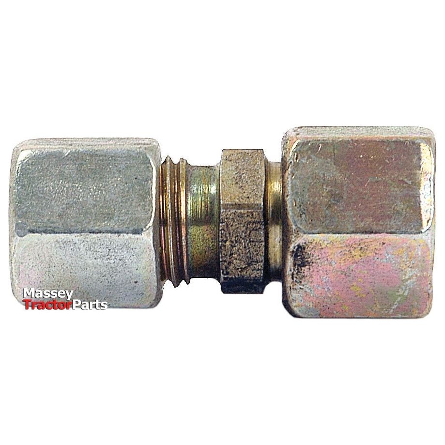 A close-up of a hydraulic metal pipe step adaptor with threaded ends, labeled "Massey Tractor Parts" in the bottom left corner. The Hydraulic Metal Pipe Step Adaptor 22L - 18L | Sparex Part No.S.34290 from Sparex ensures optimal performance for precision connections from 22mm to 18mm.