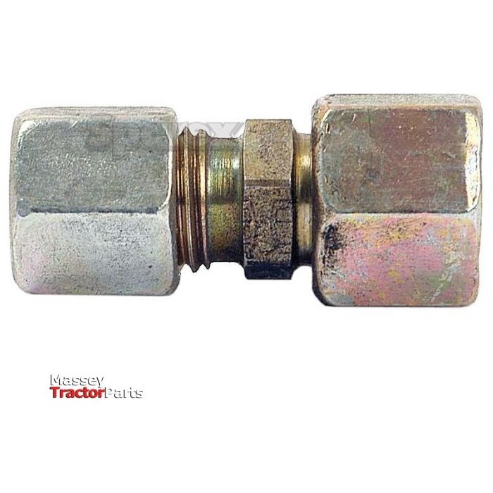 Close-up of a metallic hydraulic fitting coupling featuring hexagonal ends, labeled Hydraulic Metal Pipe Step Adaptor 22L - 18L | Sparex Part No.S.34290 for 22mm to 18mm connections. The Massey Tractor Parts logo is visible in the bottom left corner.